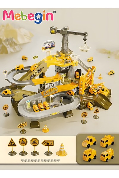 MEBEGIN مجموعة مسارات هندسية مع 4 سيارات وملحقات غنية، مجموعة مسارات سباق بنا...