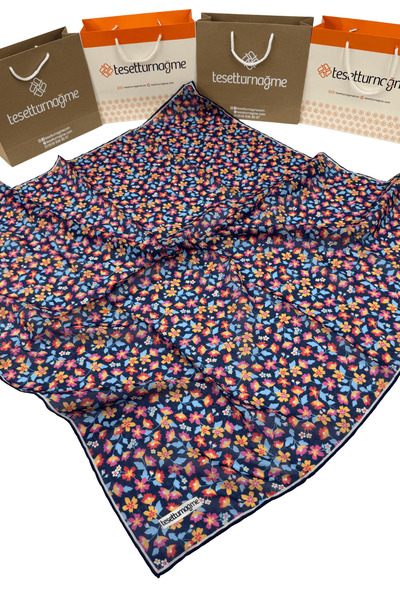 Tesettürnağme Soft Cotton Scarf Tn2008 Floral Pattern Navy Blue-Baby Blue-Yellow-12