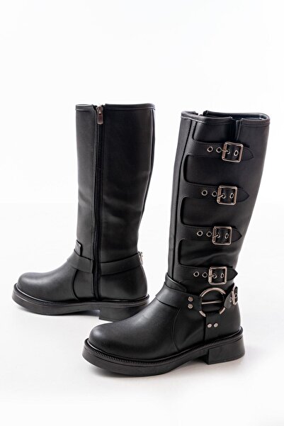 Mida Shoes 02-346 Siyah Düz Topuklu Günlük Binici Çizme