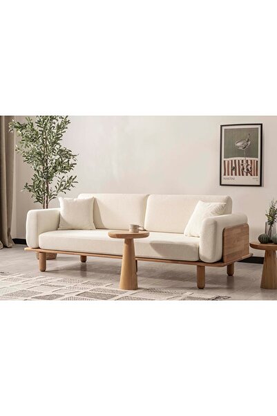 Msm Home & Living İskandinav Tarz Diva Kayın Ahşap Üçlü Koltuk