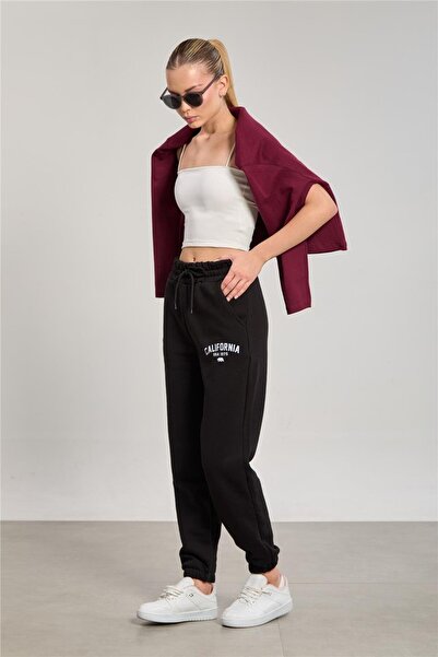 BARRELS AND OIL بنطال رياضي مطبوع عليه كاليفورنيا بساق مرنة للنساء - أسود