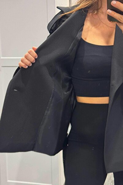 Banu Angay Kruvaze Yaka Kuşaklı Astarlı Trençkot Siyah