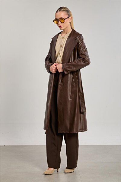 BARRELS AND OIL Kadın Deri Görünümlü Suni Trençkot - Acı Kahve