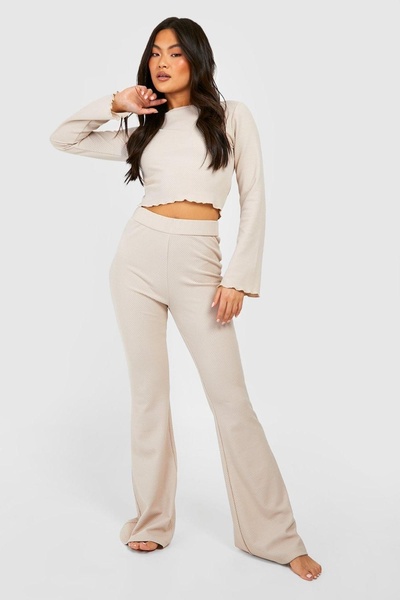 MOVİMENT Beige Women's Ruffled Detailed Waffle-Comfortable Fabric Top and Bot...