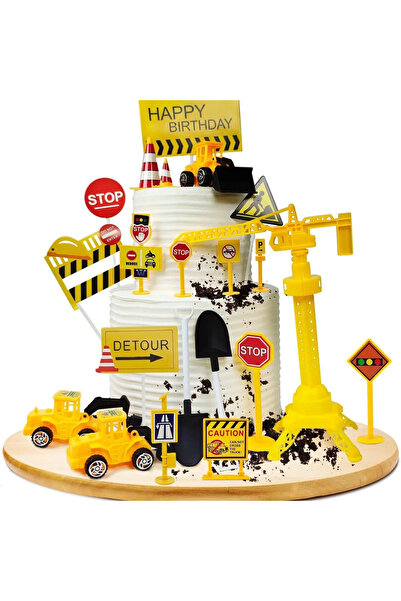 Baloane Vesele Deluxe Cake Decoration Construction Themed Set With Vehicles And Road Signs TOP48