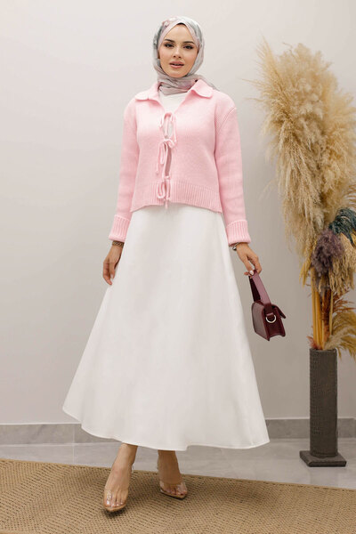 Tesettür Dünyası Lace-Up Knitwear Cardigan Tsd250220 Pink