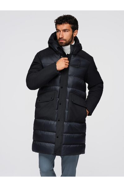 OMBRE Lange Steppjacke für Männer mit großen Taschen - Schwarz OM-JALJ-0308