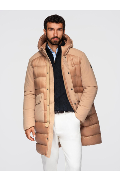OMBRE Lange Steppjacke für Männer mit großen Taschen - Beige OM-JALJ-0308
