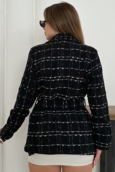 Ded COLLECTION Дамско карирано кадифено яке с перлени копчета, покрити джобове и стилен колан