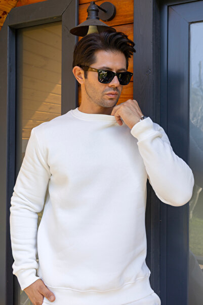 FRANCO RENZO Erkek Pamuklu Yumuşacık Bisiklet Yaka Içi Polarlı Beyaz Sweatshirt