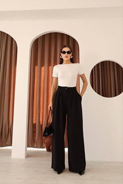 Stil Sepeti Women's Black High Waist 3 Pleated Palazzo Fabric Pants Drl-10001138
