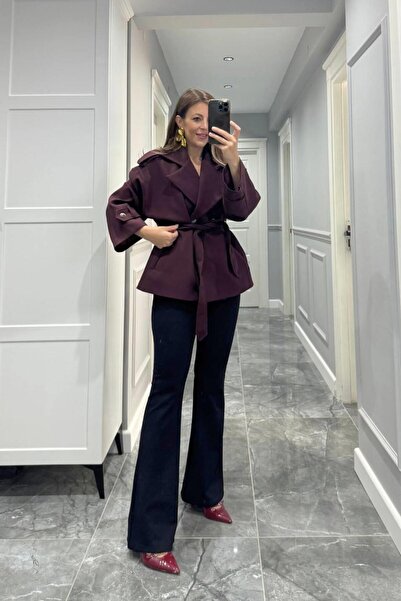 Banu Angay Kruvaze Yaka Kuşaklı Astarlı Trençkot Mürdüm