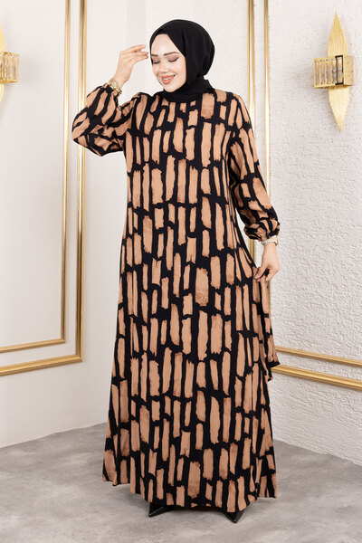 Tesettür Dünyası Bisiklet Yaka Viskon Elbise TSD250218 Taba