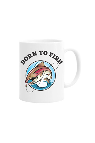 OEM Cana cu mesaj:"Born to fish",ceramica, alba,