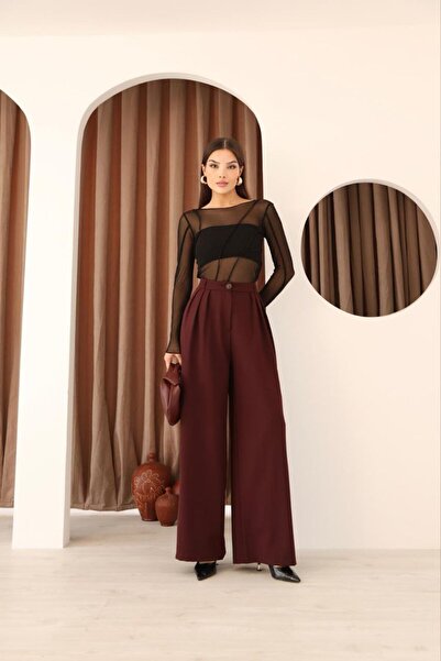 Stil Sepeti Women's Burgundy High Waist 3 Pleated Palazzo Fabric Pants Drl-10001138
