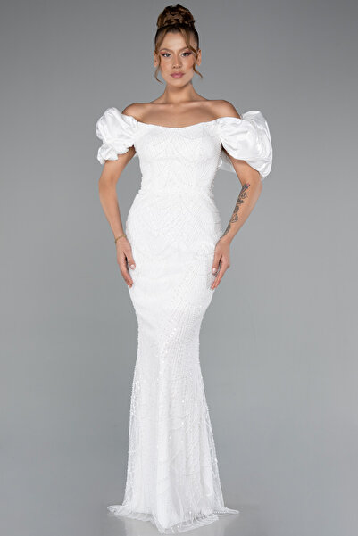 Abiyefon Ekru Kısa Kol Boncuklu Uzun Taşlı Balık Abiye ABU4509