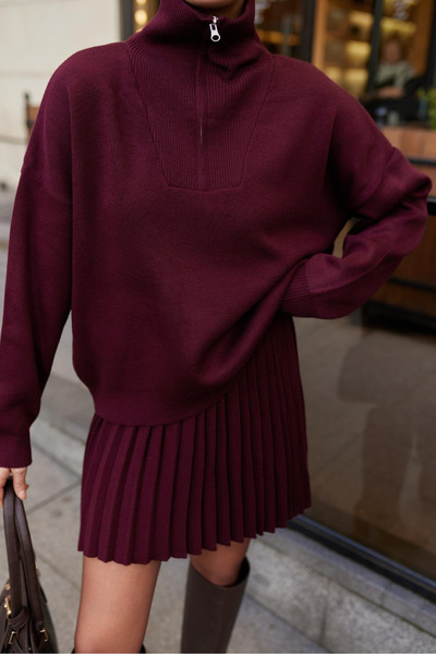 My Blog Burgundy Polo Collar Skirt Suit - 241053