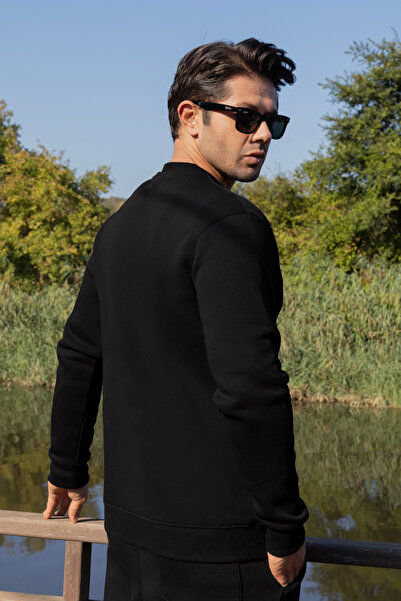 FRANCO RENZO Erkek Pamuklu Yumuşacık Bisiklet Yaka Içi Polarlı Siyah Sweatshirt