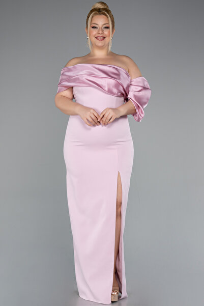 Abiyefon Pudra Bacak Dekolteli Uzun Büyük Beden Abiye Elbise ABU5047