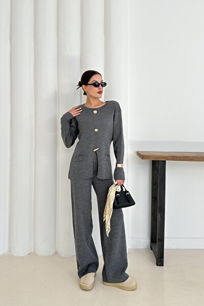 MİROR Жіночий антрацитовий комплект з кнопками, елегантний двокомпонентний трикотажний комплект