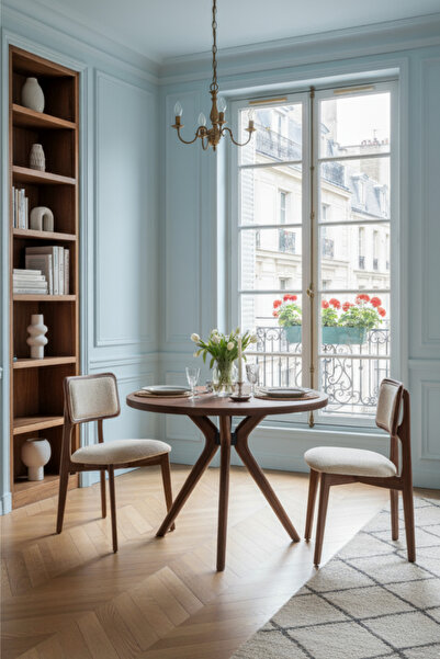 Woodenbend Arlen Döşemeli Ceviz Ahşap Yuvarlak Masa Sandalye Takımı 90x90 2 S...