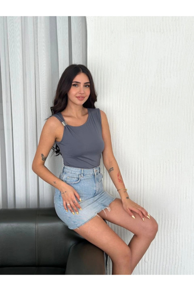 NORA Boutique Osy Odal Soft Textured Fabric Crew Neck Long Sleeve Blouse with Shoulder Buckle Accessory Detail Anthracite