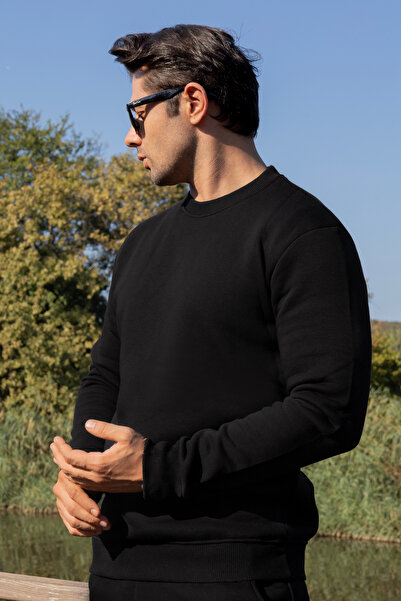 FRANCO RENZO Erkek Pamuklu Yumuşacık Bisiklet Yaka Içi Polarlı Siyah Sweatshirt