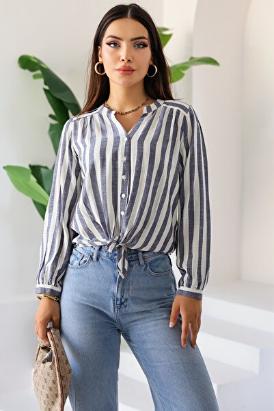 Kübra Tekstil Νέα σεζόν Γυναικείο μακρυμάνικο ριγέ πουκάμισο με δέσιμο μπροστά – Γυναικεία μπλούζα