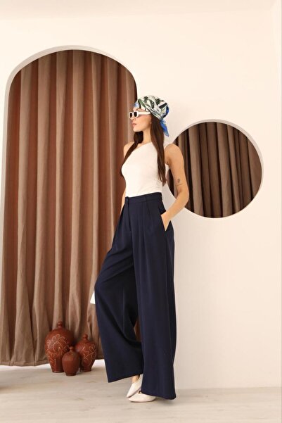 Stil Sepeti Women's Navy Blue High Waist 3 Pleated Palazzo Fabric Trousers Drl-10001138