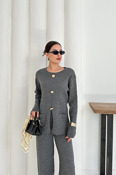 MİROR Women's Anthracite Button Detailed Basic Stylish Two-Piece Knitwear Set