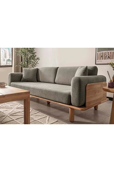 Msm Home & Living İskandinav Tarz Diva Kayın Ahşap Üçlü Koltuk