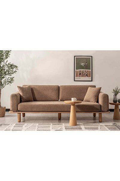 Msm Home & Living İskandinav Tarz Diva Kayın Ahşap Üçlü Koltuk