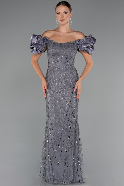 Abiyefon Gri Kayık Yaka Boncuklu Uzun Balık Abiye Elbise ABU5464