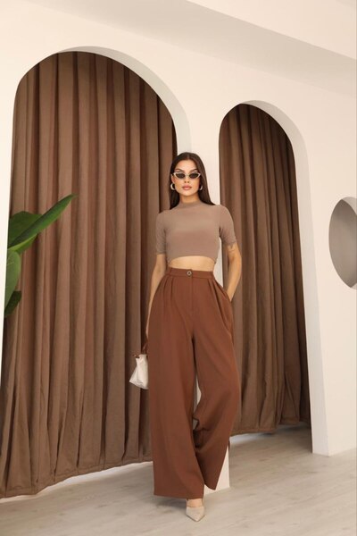 Stil Sepeti Women's Light Brown High Waist 3 Pleated Palazzo Fabric Trousers Drl-10001138