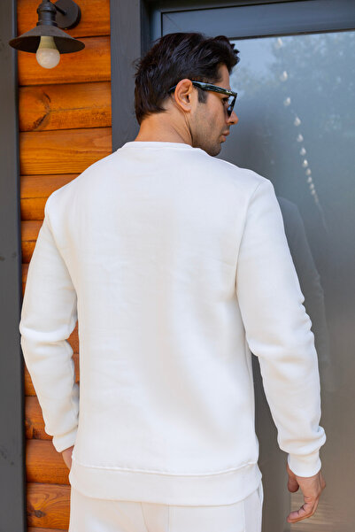 FRANCO RENZO Erkek Pamuklu Yumuşacık Bisiklet Yaka Içi Polarlı Beyaz Sweatshirt