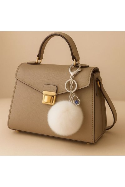 Homeland Plush Fluffy Pompom Puff White Furry Home Office Car Phone Wallet Bag Keychain