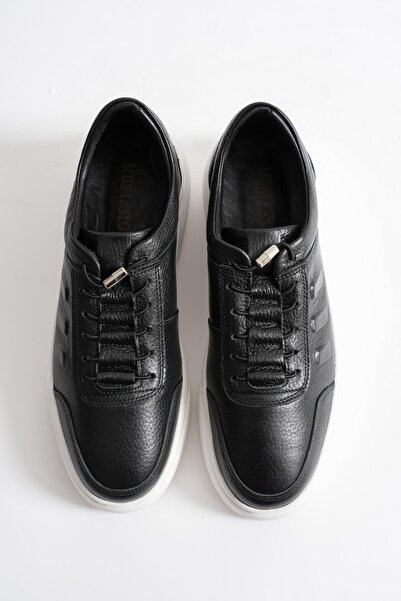 Mubiano Eryon Men's Black Genuine Leather Casual Sneaker with Rubber Detail Shoes