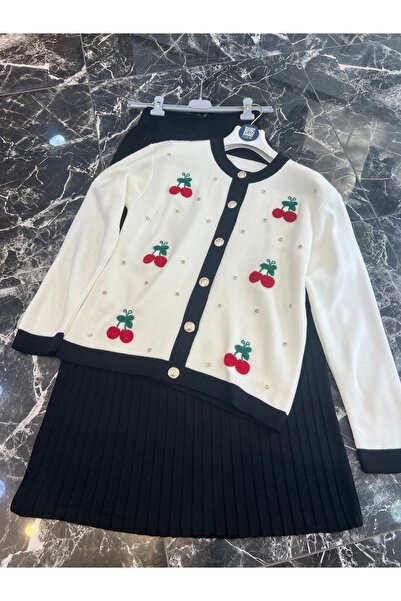 MY QILAM Women's Hijab Knitwear Set Cherry Embroidered Cardigan with Skirt Top and Bottom Set Black
