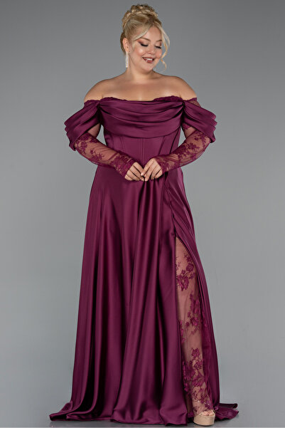 Abiyefon Mürdüm Dantel Uzun Kol Kayık Yaka Saten Büyük Beden Abiye ABU5261