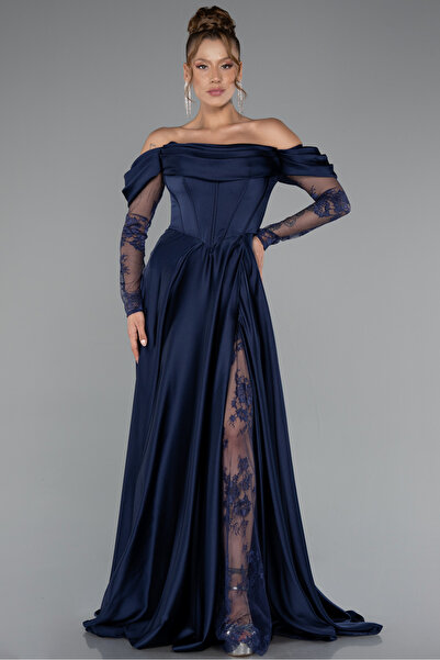 Abiyefon Lacivert Dantel Uzun Kol Kayık Yaka Saten Büyük Beden Abiye ABU5261