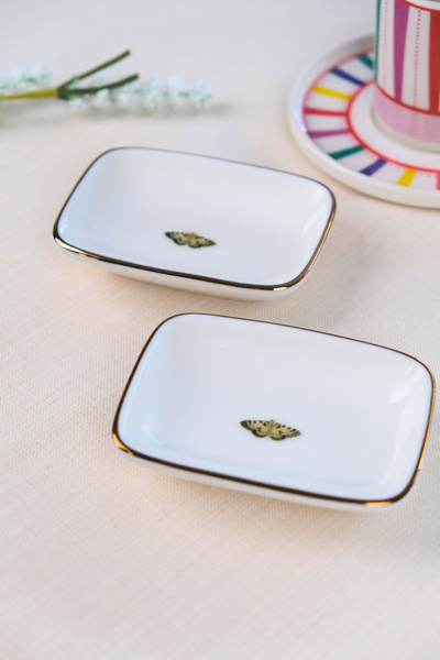 tabakevi Tabak Evi Porcelain Natura Butterfly Gold Gilded Rectangular Boat Plate 10X7X2Cm 2 Pieces
