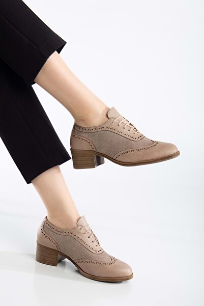 ANALİN SHOES حذاء أكسفورد نسائي بكعب من الجلد الطبيعي - حجر