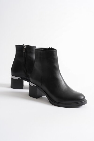 Mubiano Orlina Kadın Siyah Deri Fermuarlı Kalın Topuklu BOT (6 CM)