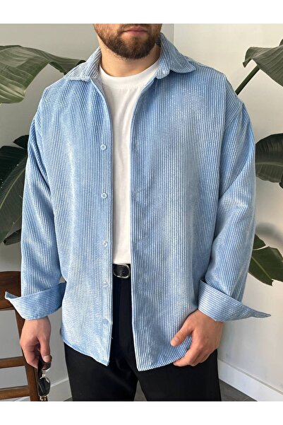 Gambocci Erkek Düz Fitilli Kadife Oversize Geniş Kalıp Gömlek