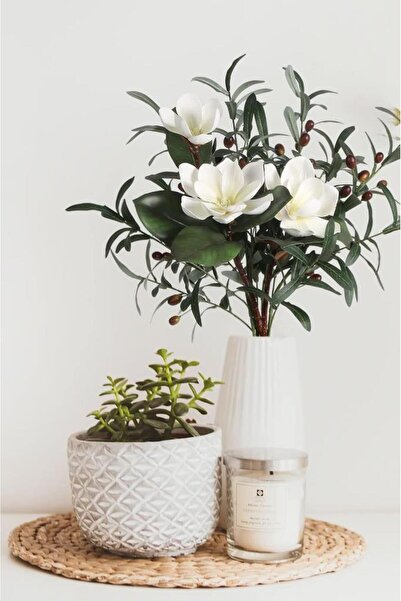 Nettenevime Yapay Çiçek 1Dal Beyaz Manolya 3 Kafalı 3Adet Yapay Zeytin Dalı Uzun Dal Çiçek Flowers 80cm