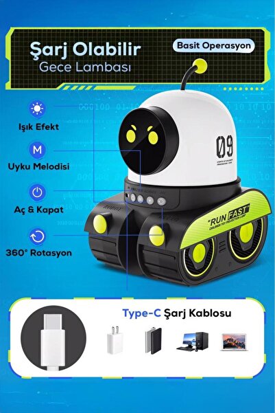 MOBEE Robot Figürlü Müzikli Projektör Gece Lambası – Kablosuz Şarj Edilebilir Dekoratif Işık