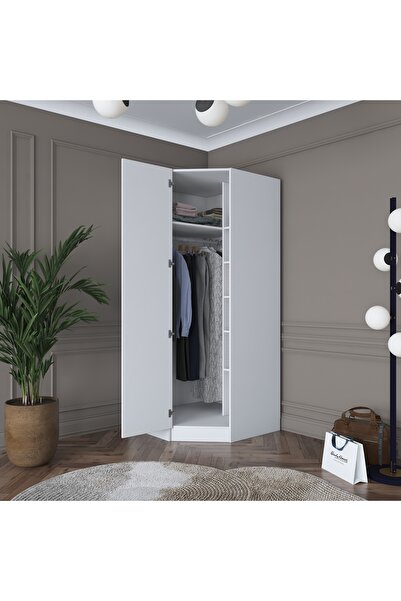 Rani Mobilya Rani BA140 Köşe Modül Gardırop Tek Kapaklı Raflı Elbise Dolabı Tamamlayıcı Köşe Ünitesi Beyaz