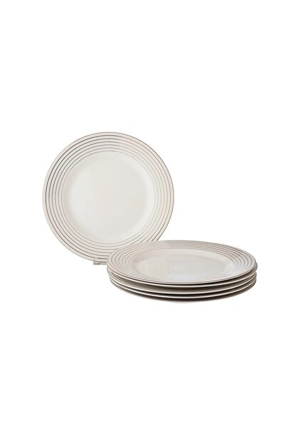ORIAN 6-piece white porcelain round striped flat dinner plate set, size 27 cm