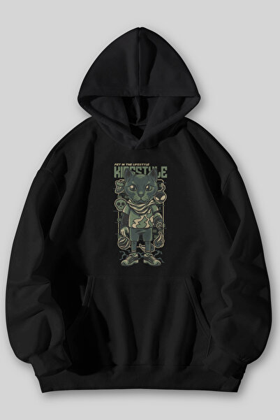 Harmandar Φούτερ με κουκούλα με στάμπα γάτας σε μαύρο γκρι χρώμα με τσέπες κα...