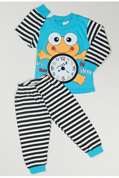 BEBENAZ pamuklu çizgili kurbağa saatli bebek pijama takımı